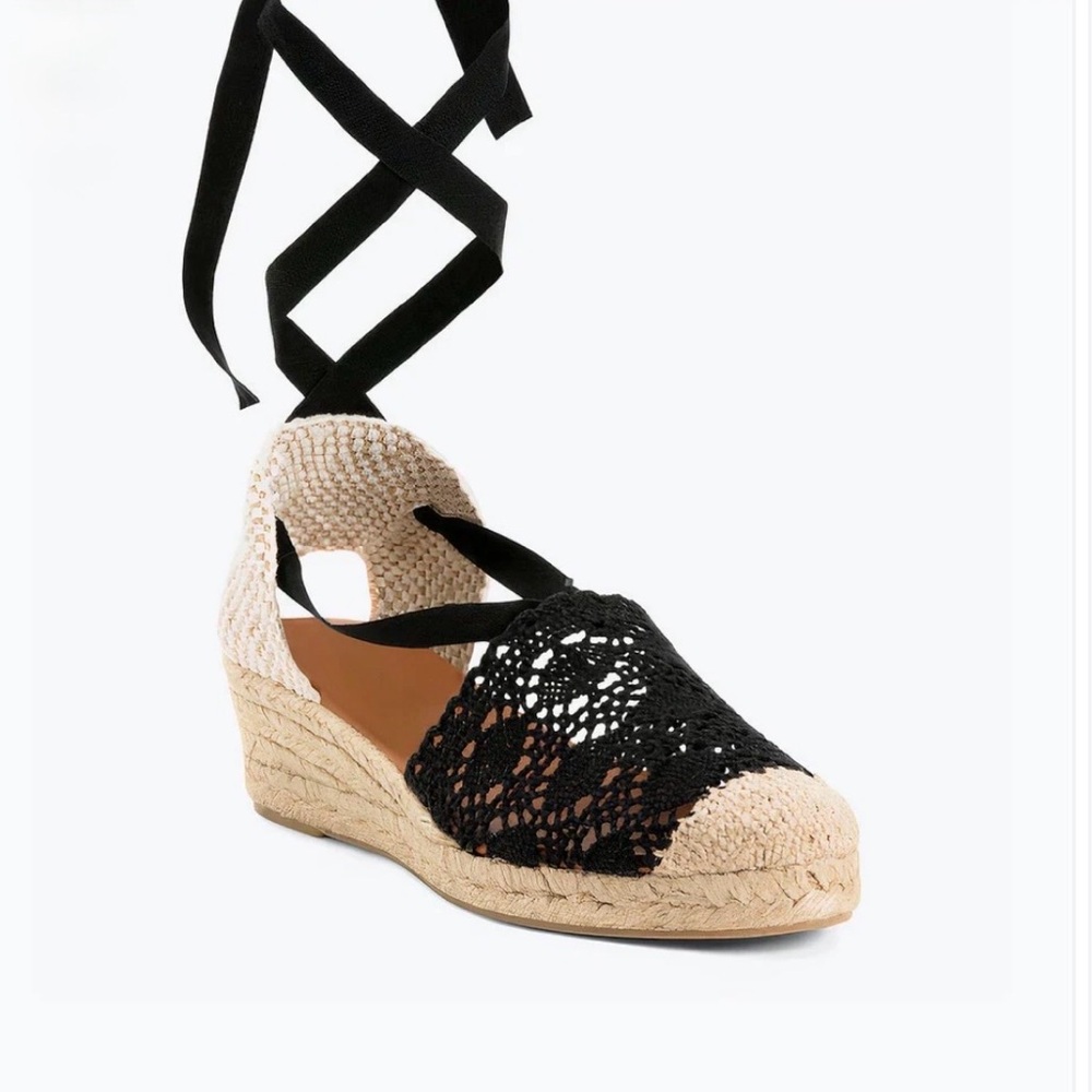NWT Black Crochet Espadrille Wedge with Ankle Tie